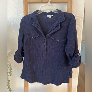 Rag poets navy waffle long sleeved half way button down shirt size medium